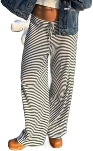 Striped Wide Leg Pants for Women - Casual Loose Fit High-Waisted Drawstring Pajama Pants - Straight Trousers