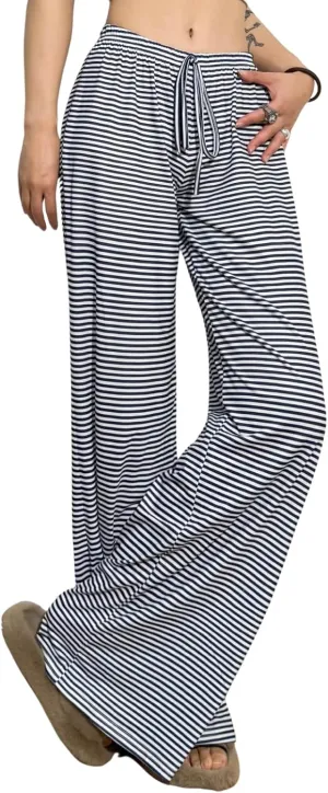 Striped Wide Leg Pants for Women - Casual Loose Fit High-Waisted Drawstring Pajama Pants - Straight Trousers