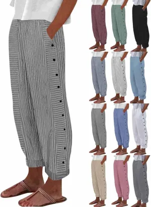 Striped Wide Leg Pants Woman Elastic High Waist Side Button Trousers Lightweight Straight Leg Cropped Pants w/Pockets