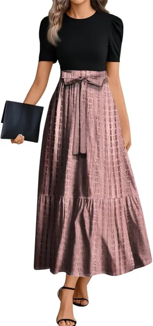 Summer Dresses for Women Elegant High Waist Maxi Dress Flowy Casual Long Dress A-Line Floral Printrd Dress with Belt