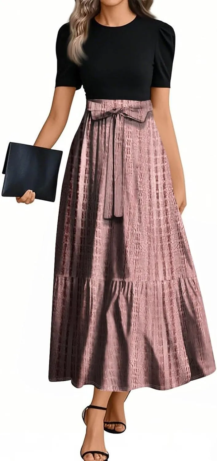 Summer Dresses for Women Elegant High Waist Maxi Dress Flowy Casual Long Dress A-Line Floral Printrd Dress with Belt