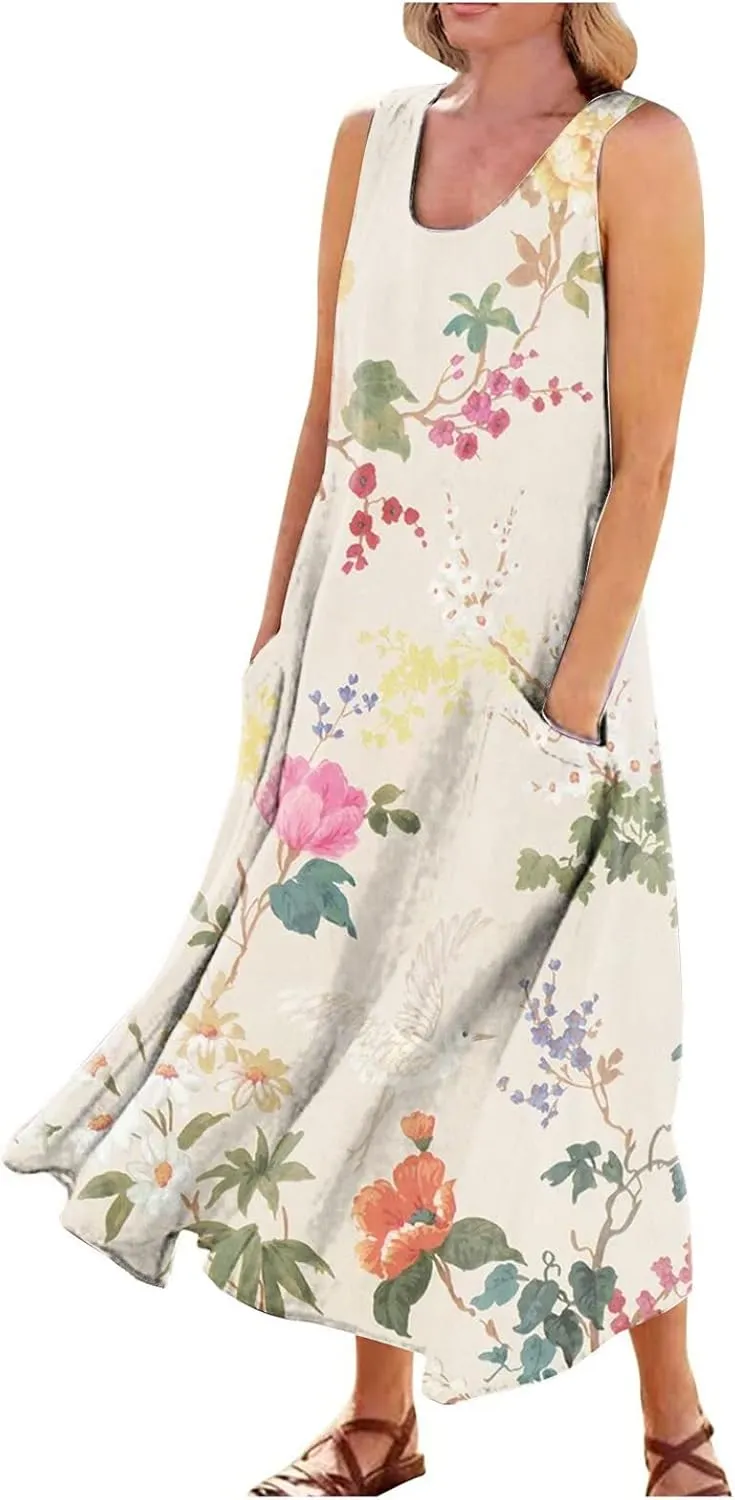 Summer Linen Dresses for Women 2025 Trendy Sleeveless Beach Vacation Travel Dress Casual Maxi Sun Dresses