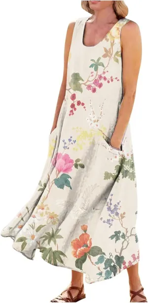 Summer Linen Dresses for Women 2025 Trendy Sleeveless Beach Vacation Travel Dress Casual Maxi Sun Dresses