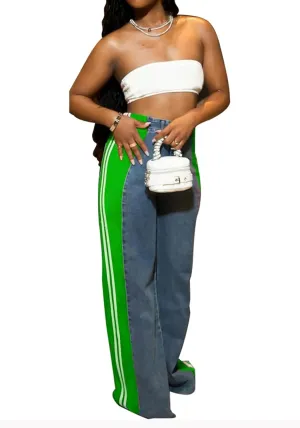 Tbahhir Womens High Waisted Jeans Patchwork Color Block Wide Leg Denim Pant Loose with Strips