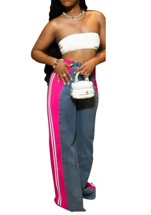 Tbahhir Womens High Waisted Jeans Patchwork Color Block Wide Leg Denim Pant Loose with Strips