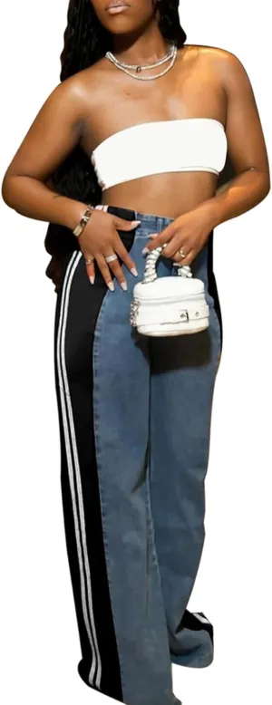 Tbahhir Womens High Waisted Jeans Patchwork Color Block Wide Leg Denim Pant Loose with Strips