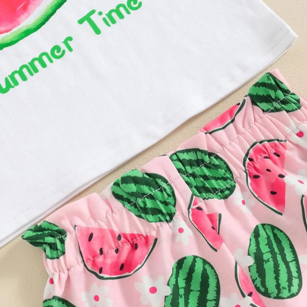 Thorn Tree Toddler Girls Shorts Set Summer Times Sleeveless T-Shirt Watermelon/Floral Shorts Little Girls Clothes