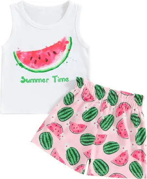 Thorn Tree Toddler Girls Shorts Set Summer Times Sleeveless T-Shirt Watermelon/Floral Shorts Little Girls Clothes