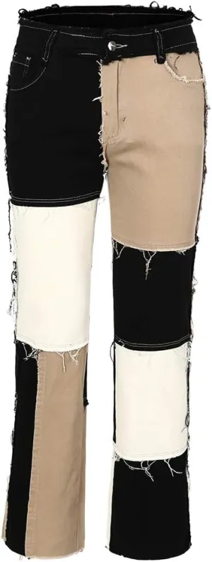 THUNDER STAR Womens Patchwork Straight Leg Jeans Mid Rise Stretch Frayed Denim Pants