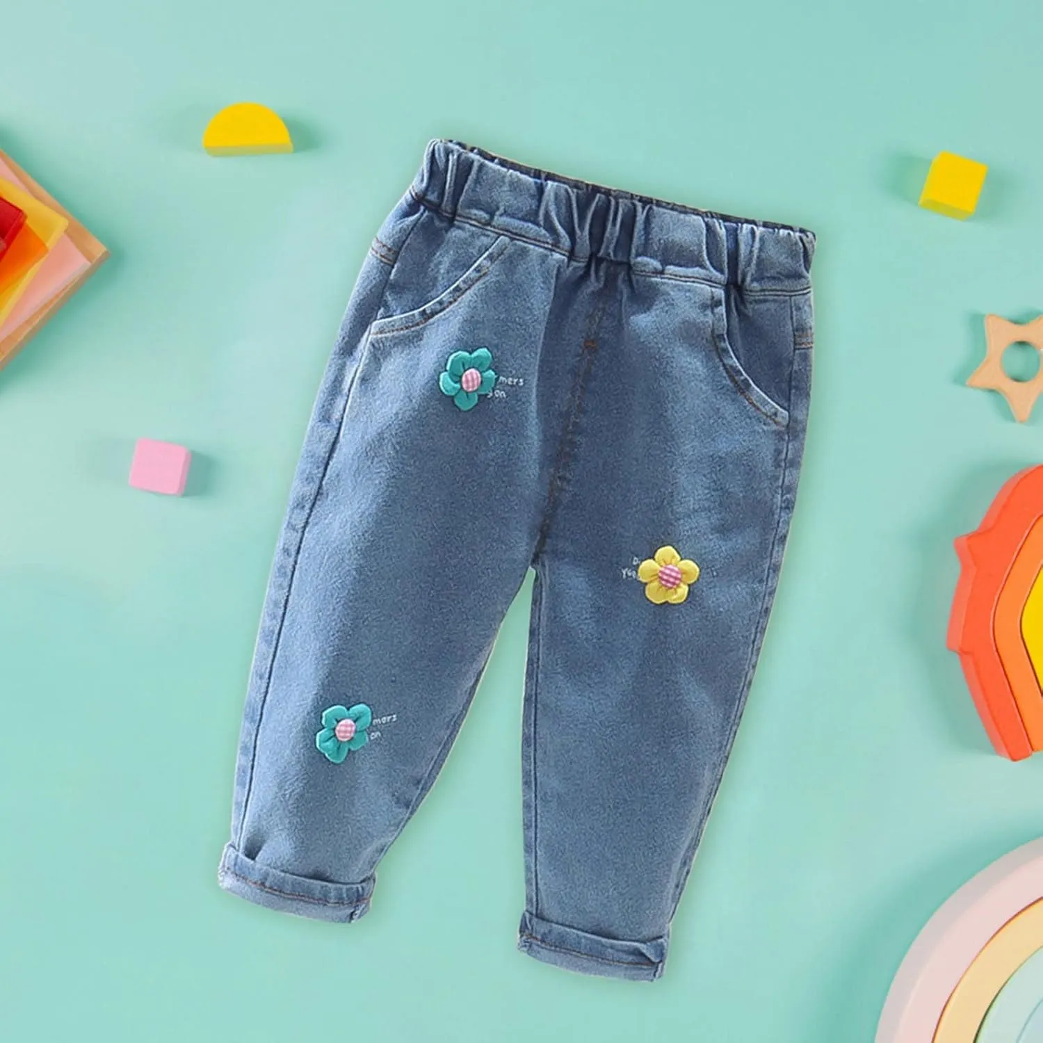 Toddler Baby Girls Flower Embroidered Denim Pants Elastic Waist Jean Summer Fashion Pocket Casual Sweatpant