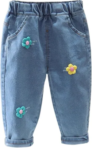 Toddler Baby Girls Flower Embroidered Denim Pants Elastic Waist Jean Summer Fashion Pocket Casual Sweatpant