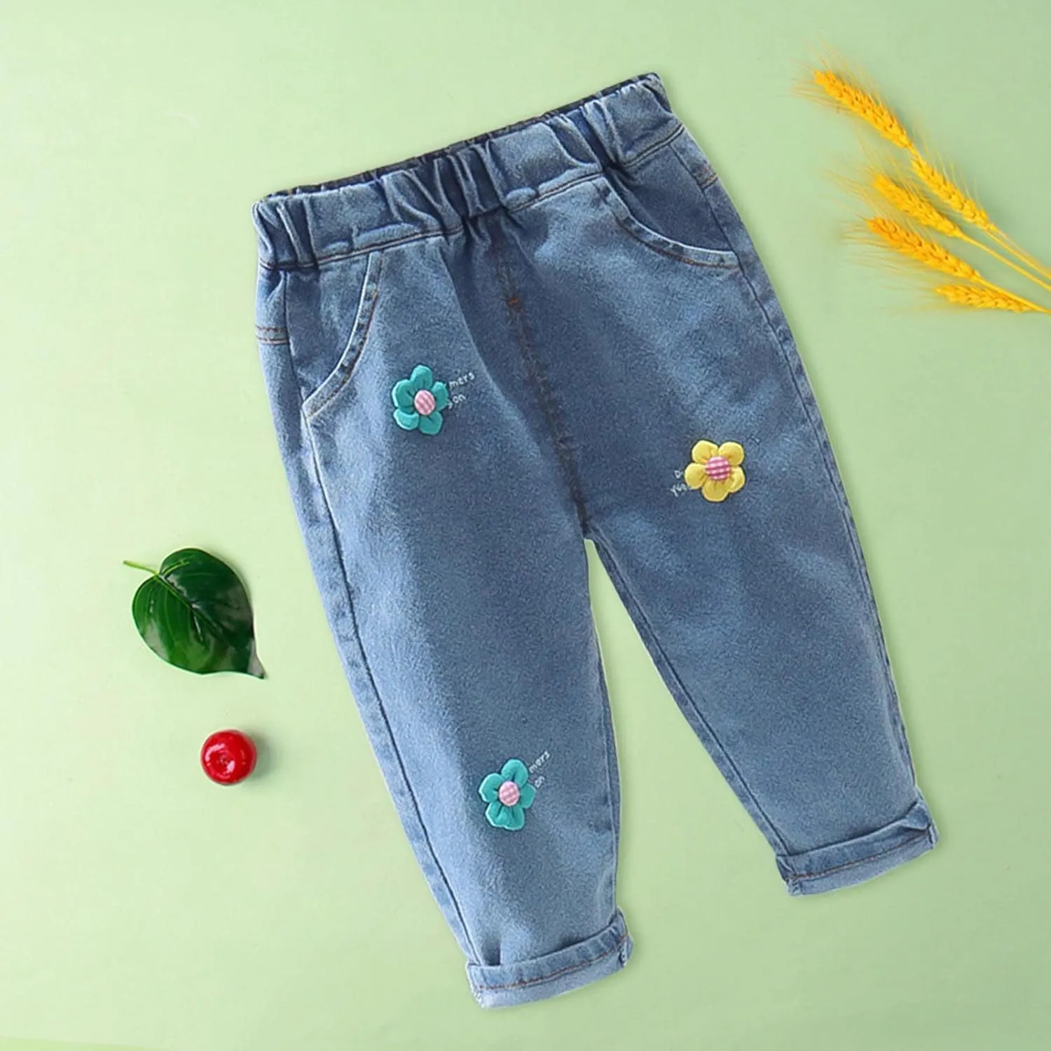 Toddler Baby Girls Flower Embroidered Denim Pants Elastic Waist Jean Summer Fashion Pocket Casual Sweatpant