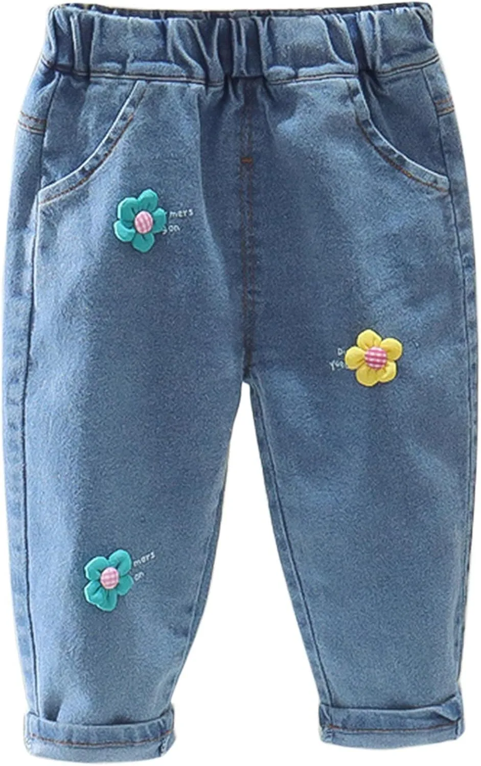 Toddler Baby Girls Flower Embroidered Denim Pants Elastic Waist Jean Summer Fashion Pocket Casual Sweatpant