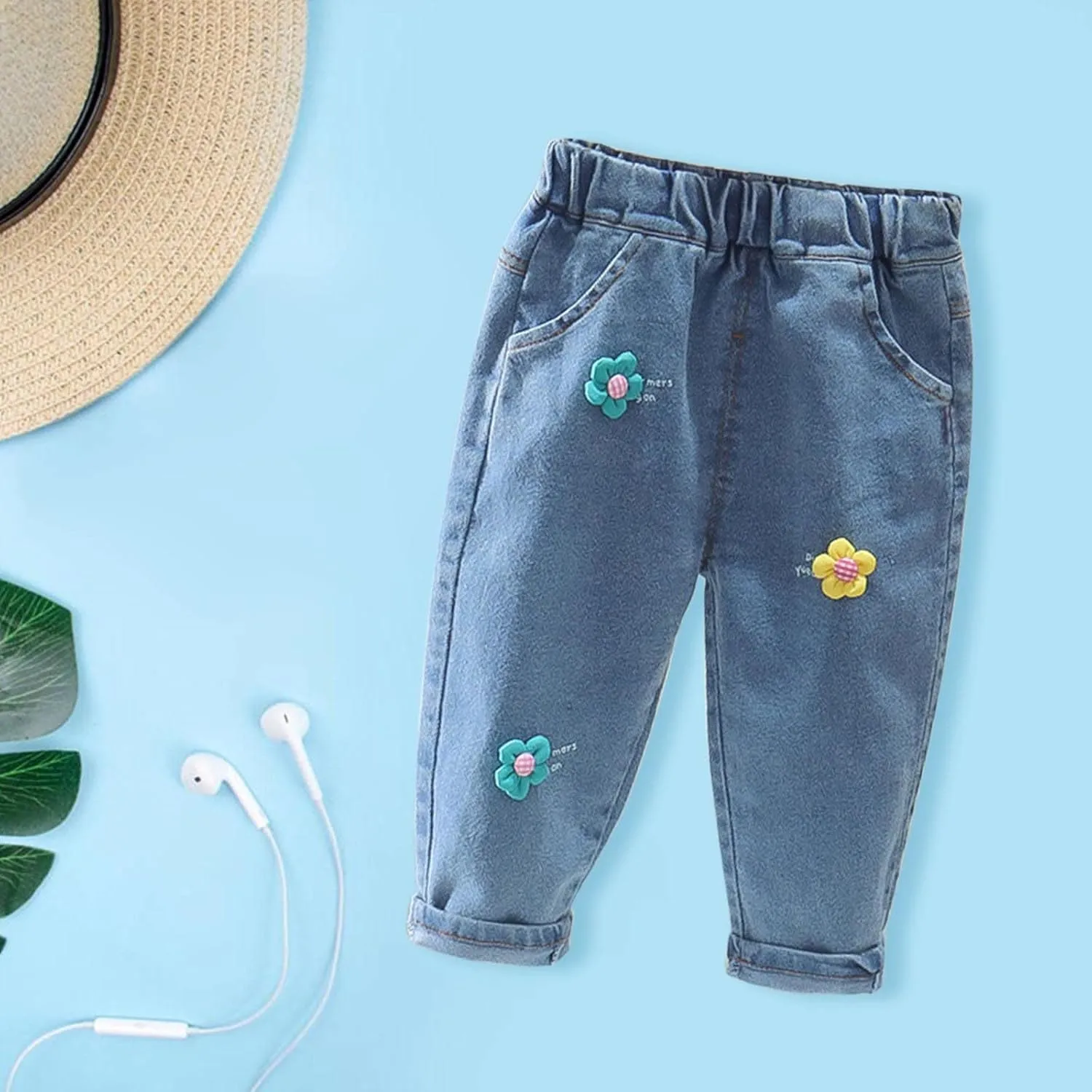 Toddler Baby Girls Flower Embroidered Denim Pants Elastic Waist Jean Summer Fashion Pocket Casual Sweatpant