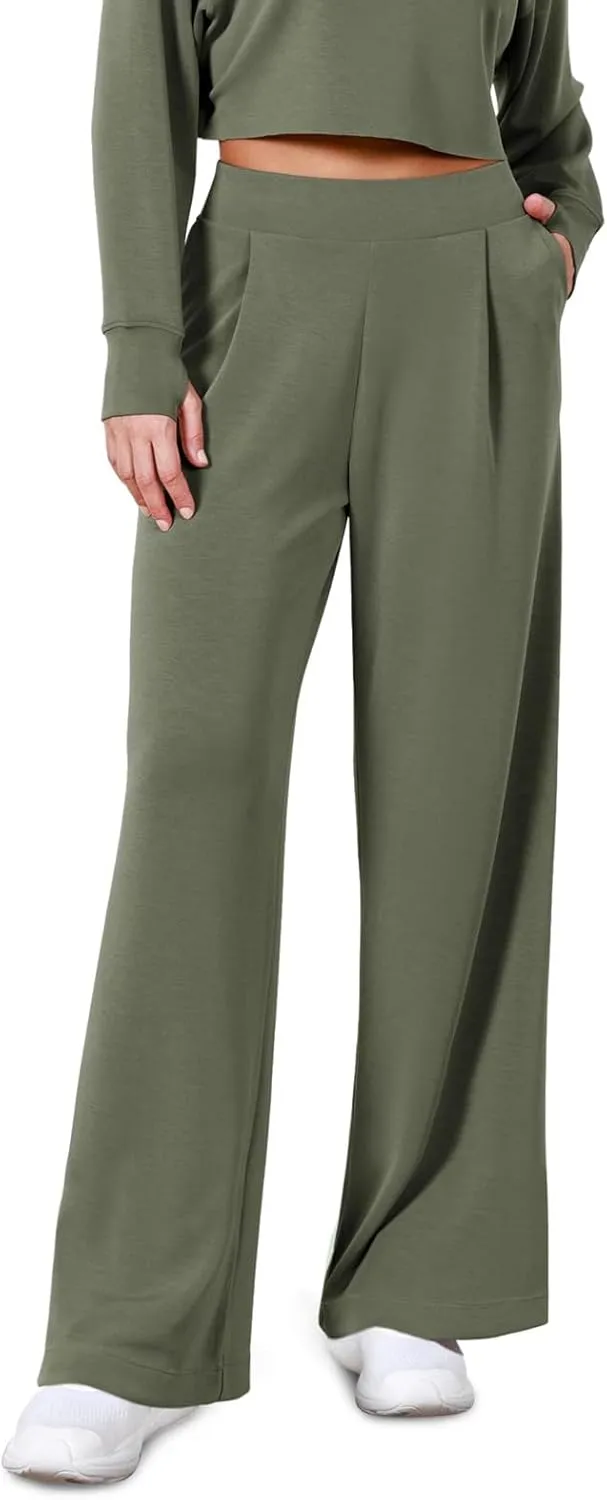 Travel Pants for Women,Women's Fashion Solid Color Elastic Waist Wide Leg High Waist Pocket Casual Pants Spring&Summer Pants