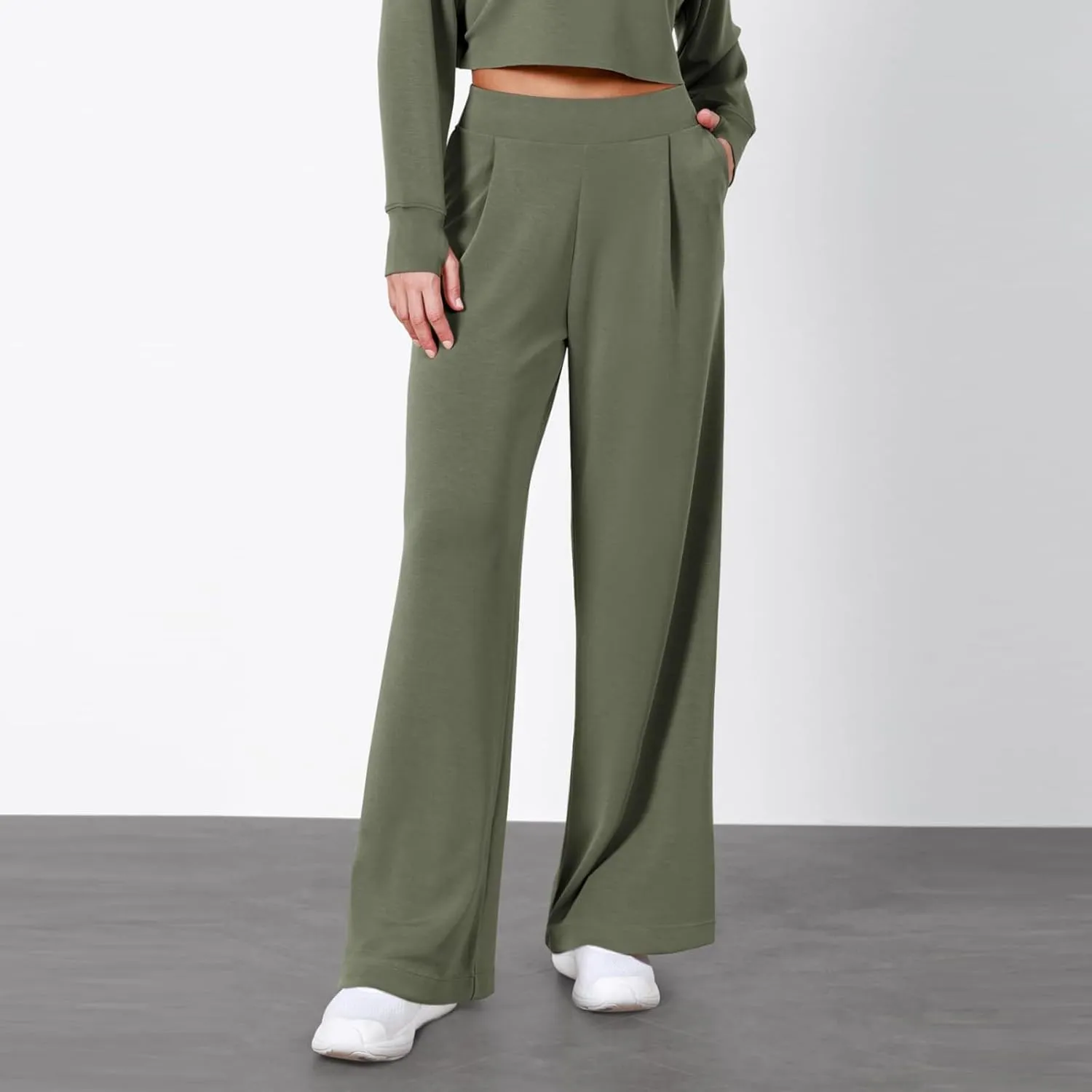 Travel Pants for Women,Women's Fashion Solid Color Elastic Waist Wide Leg High Waist Pocket Casual Pants Spring&Summer Pants