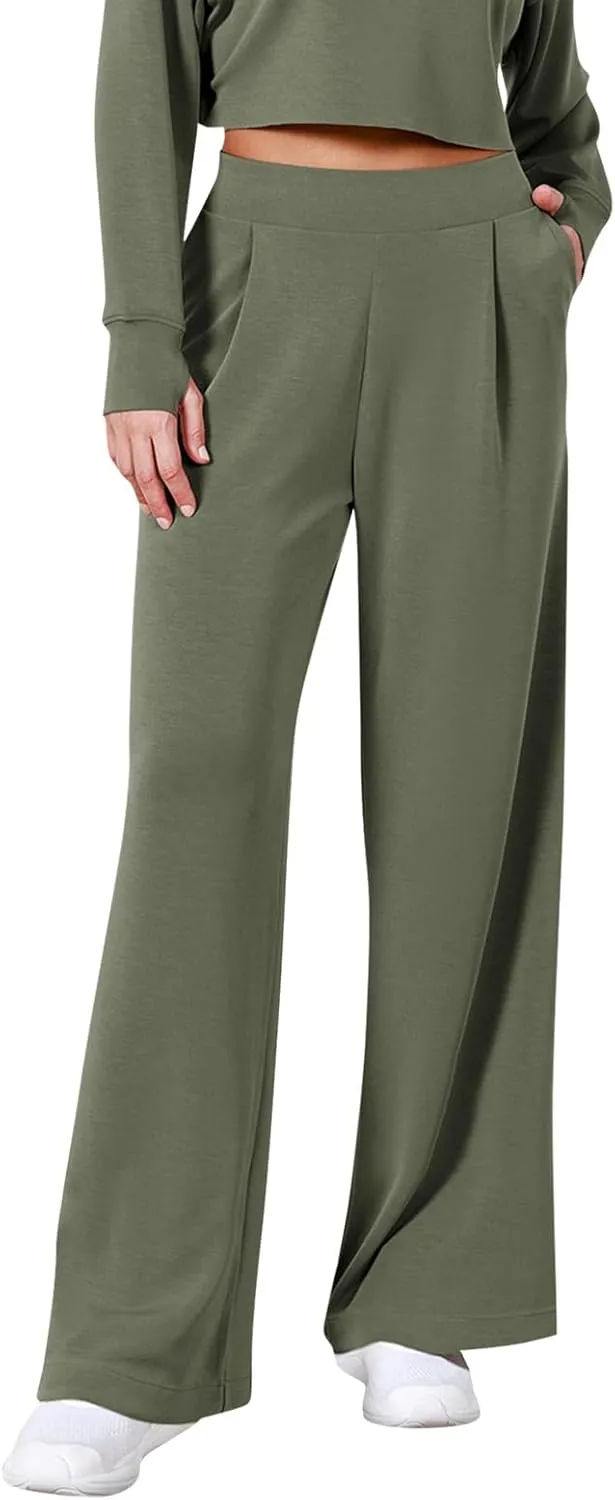 Travel Pants for Women,Women's Fashion Solid Color Elastic Waist Wide Leg High Waist Pocket Casual Pants Spring&Summer Pants