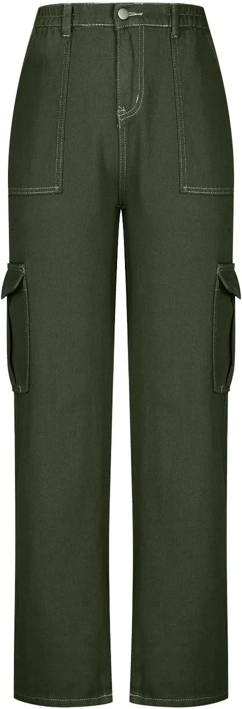 Trendy Cargo Jeans for Women Loose Straight Leg Denim Jean Casual Multi-Pocket Denim Pants Full Length Trousers