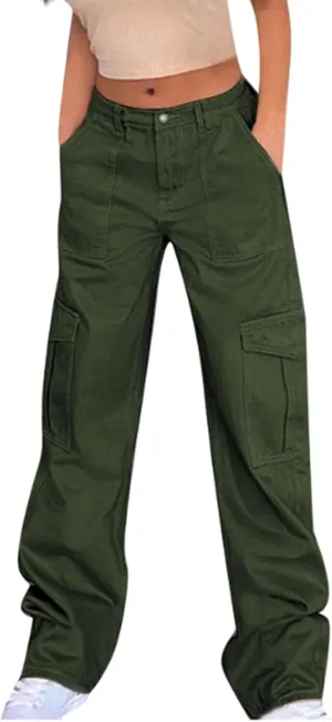 Trendy Cargo Jeans for Women Loose Straight Leg Denim Jean Casual Multi-Pocket Denim Pants Full Length Trousers