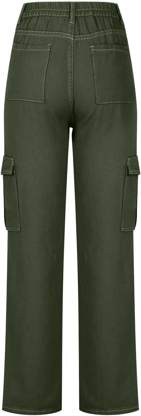 Trendy Cargo Jeans for Women Loose Straight Leg Denim Jean Casual Multi-Pocket Denim Pants Full Length Trousers
