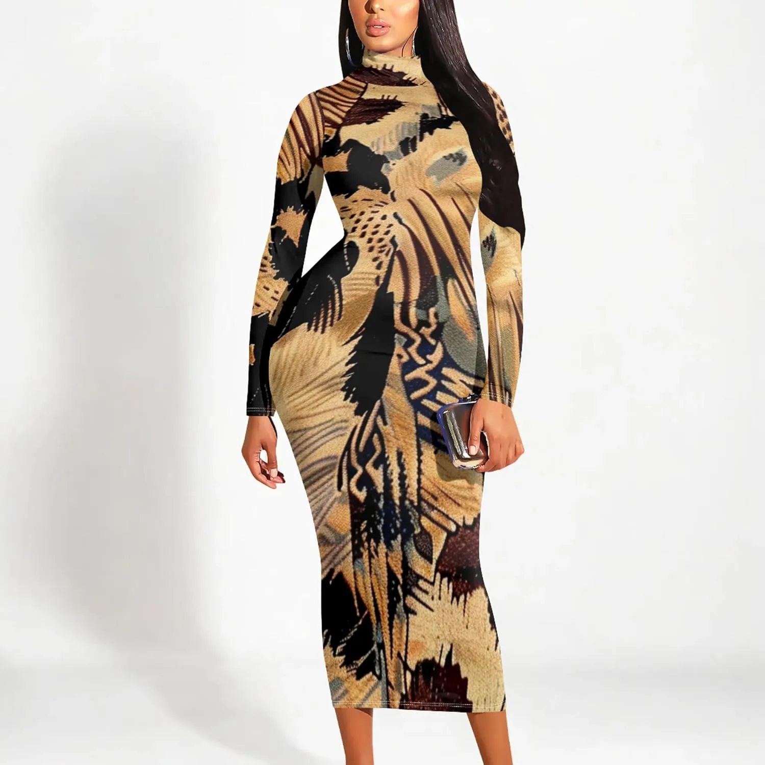 Trendy Elegant Curvy Women's Casual Wrap Dress Long Sleeve Bodycon Sexy Turtleneck Midi Cocktail Party Pencil Dresses
