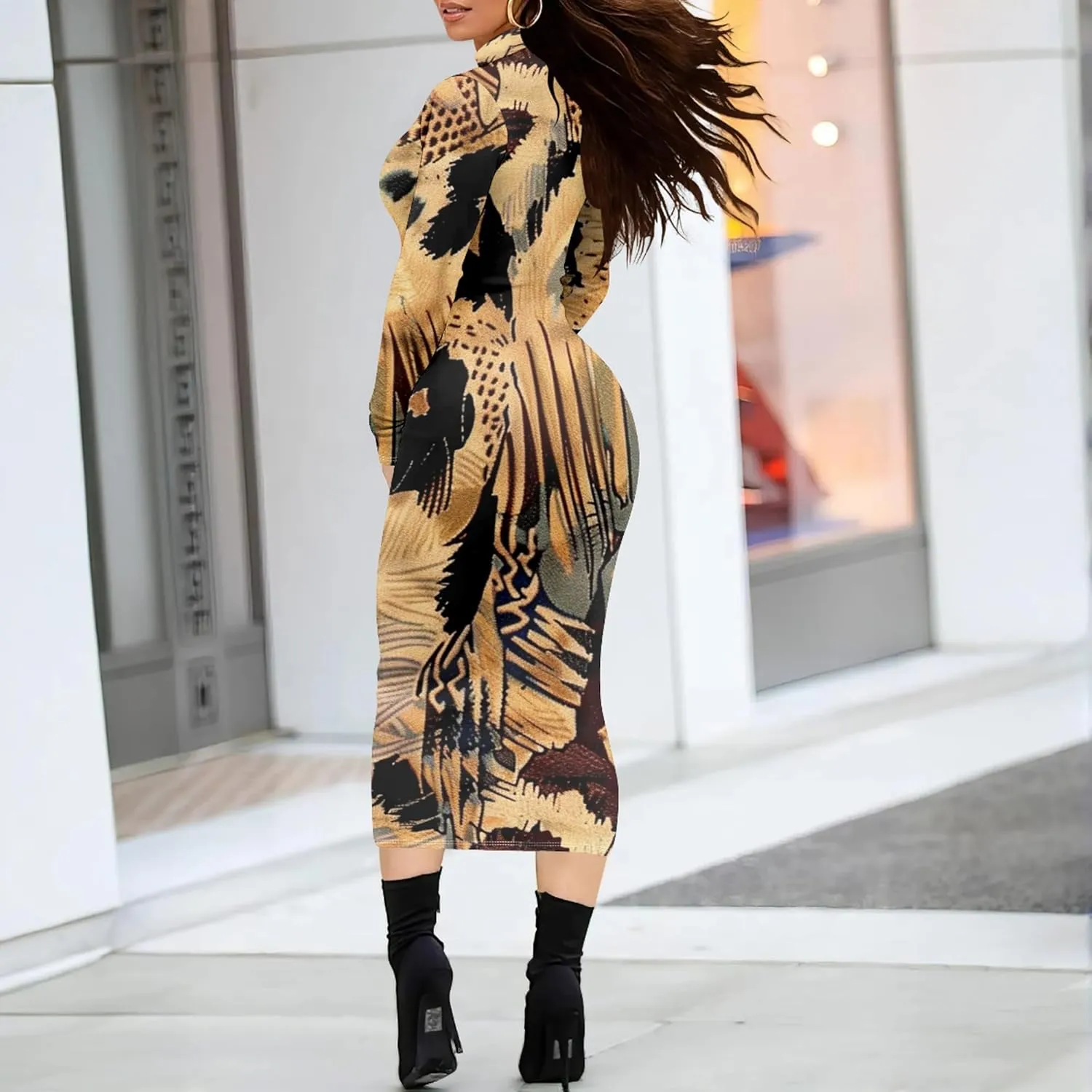 Trendy Elegant Curvy Women's Casual Wrap Dress Long Sleeve Bodycon Sexy Turtleneck Midi Cocktail Party Pencil Dresses