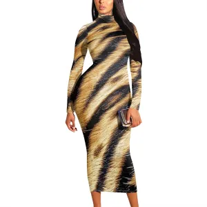 Trendy Elegant Curvy Women's Casual Wrap Dress Long Sleeve Bodycon Sexy Turtleneck Midi Cocktail Party Pencil Dresses