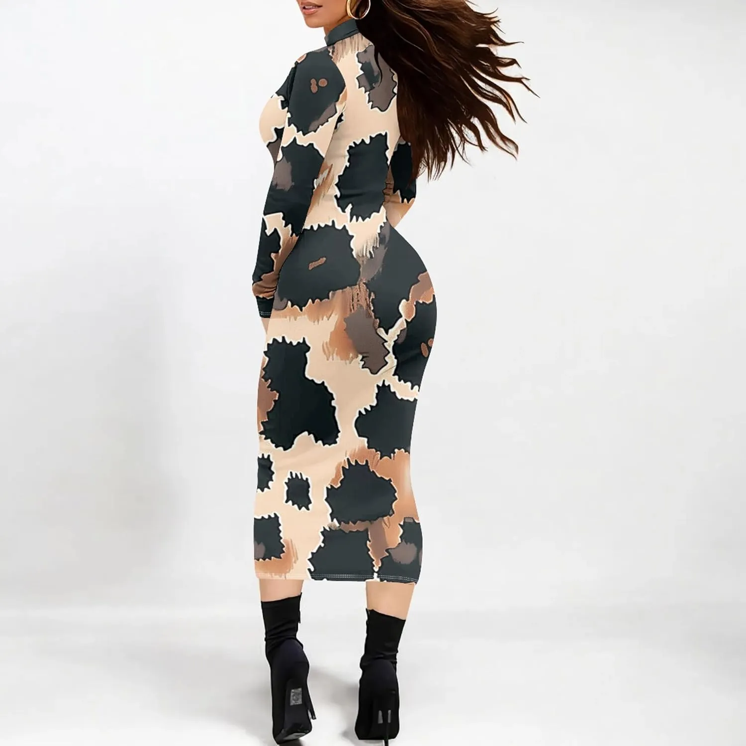 Trendy Elegant Curvy Women's Casual Wrap Dress Long Sleeve Bodycon Sexy Turtleneck Midi Cocktail Party Pencil Dresses