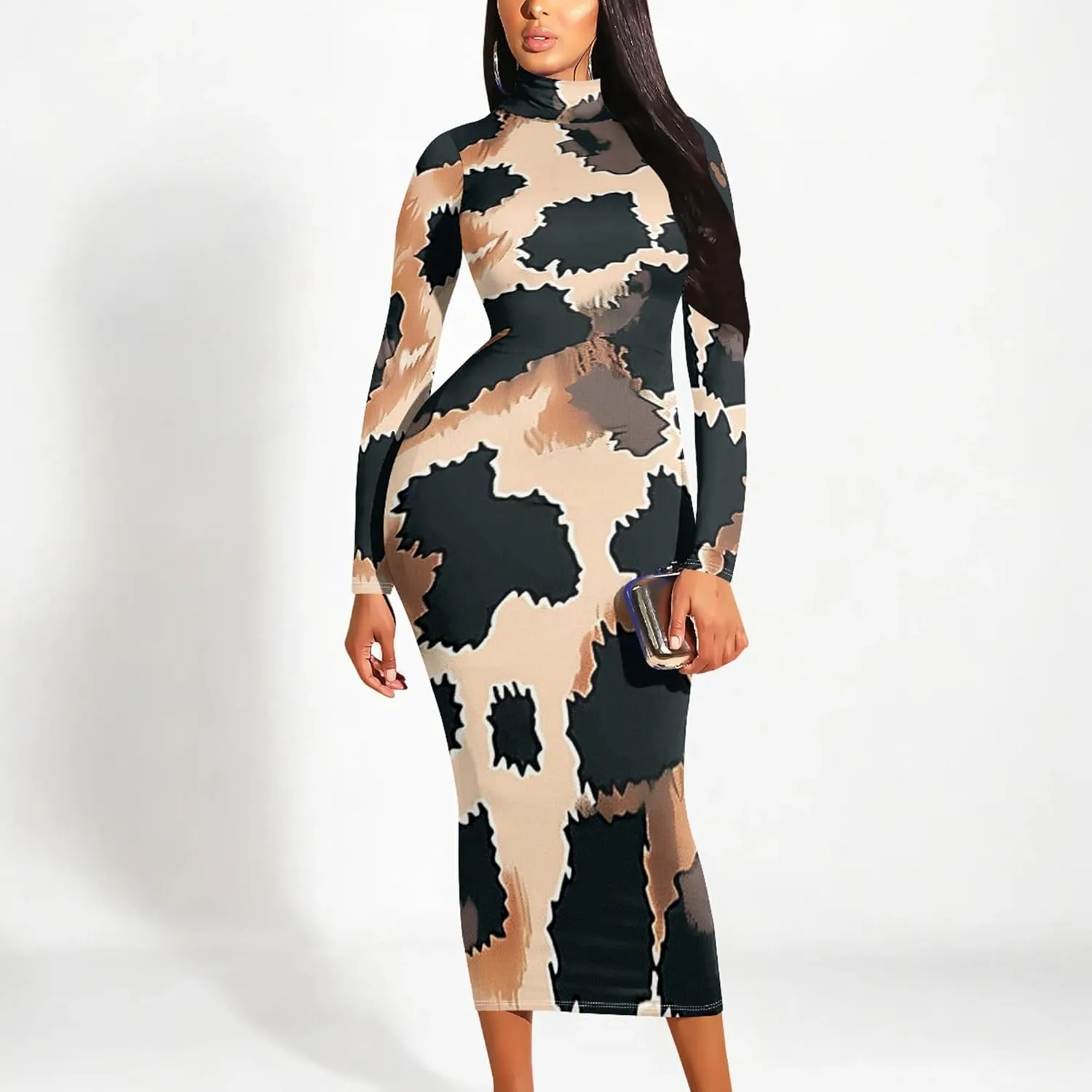 Trendy Elegant Curvy Women's Casual Wrap Dress Long Sleeve Bodycon Sexy Turtleneck Midi Cocktail Party Pencil Dresses