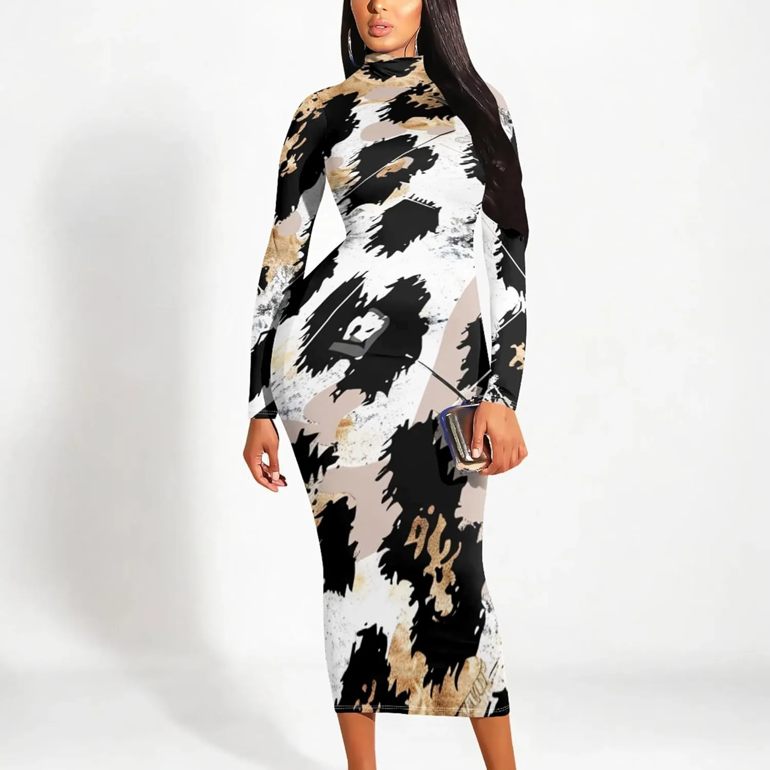 Trendy Elegant Curvy Women's Casual Wrap Dress Long Sleeve Bodycon Sexy Turtleneck Midi Cocktail Party Pencil Dresses