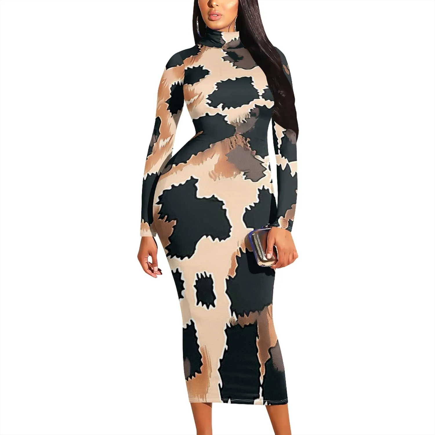 Trendy Elegant Curvy Women's Casual Wrap Dress Long Sleeve Bodycon Sexy Turtleneck Midi Cocktail Party Pencil Dresses