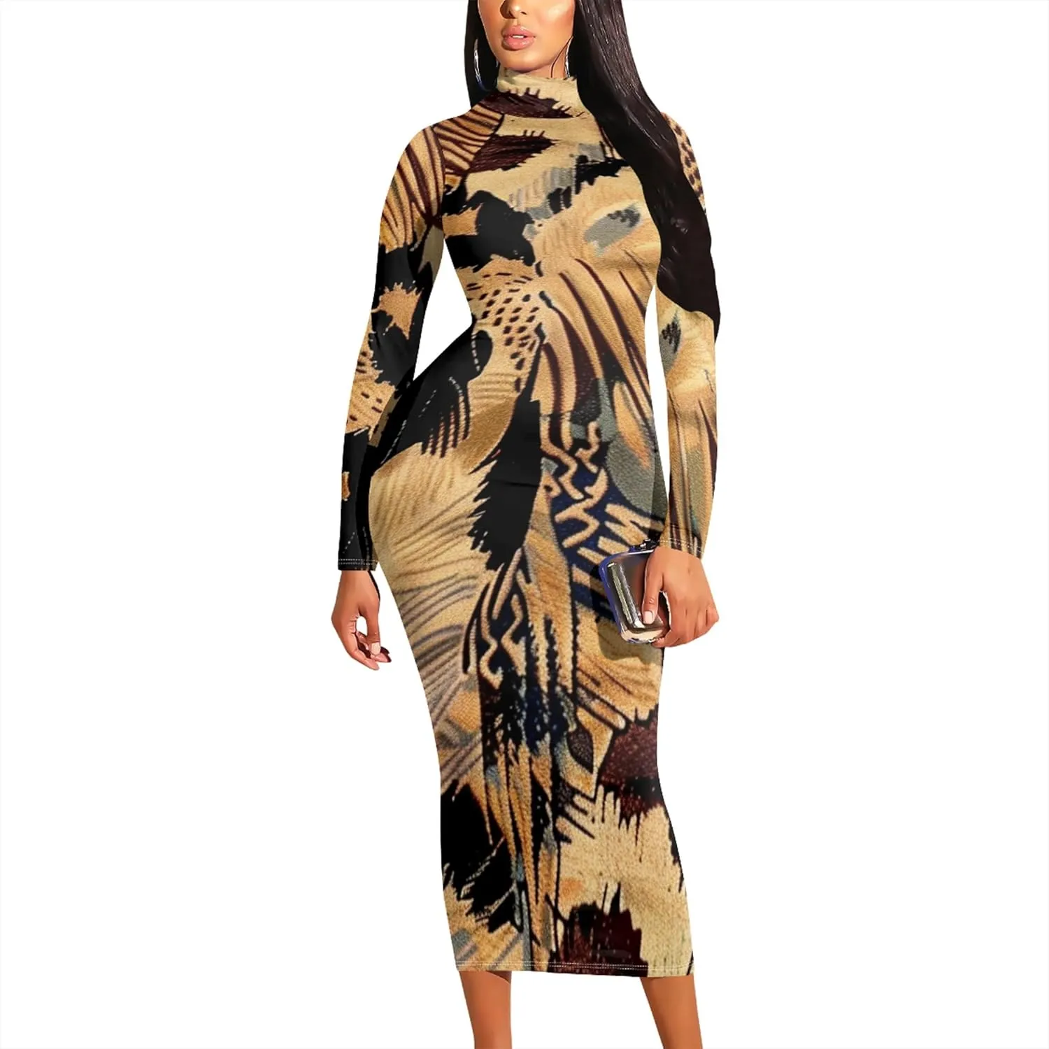 Trendy Elegant Curvy Women's Casual Wrap Dress Long Sleeve Bodycon Sexy Turtleneck Midi Cocktail Party Pencil Dresses