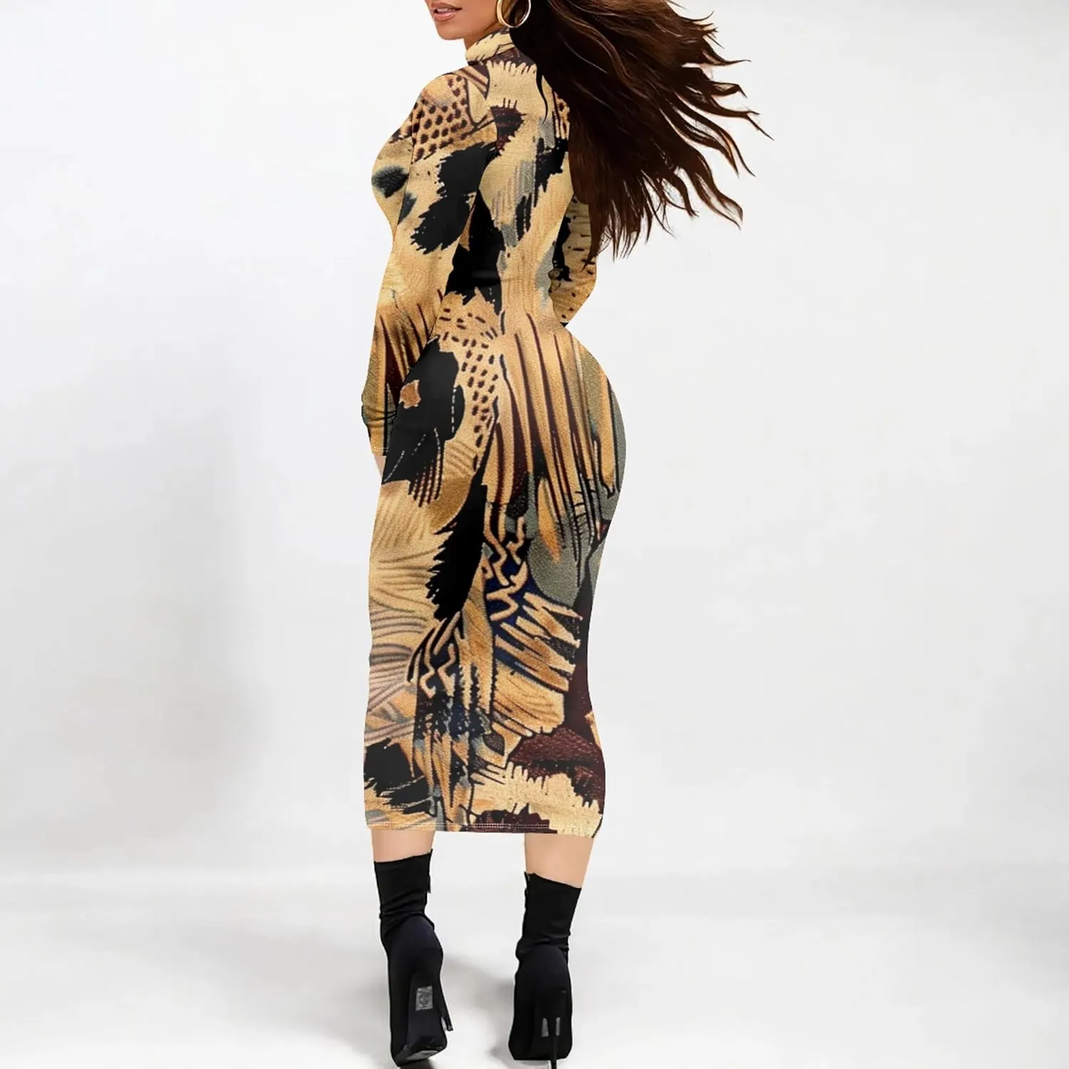 Trendy Elegant Curvy Women's Casual Wrap Dress Long Sleeve Bodycon Sexy Turtleneck Midi Cocktail Party Pencil Dresses
