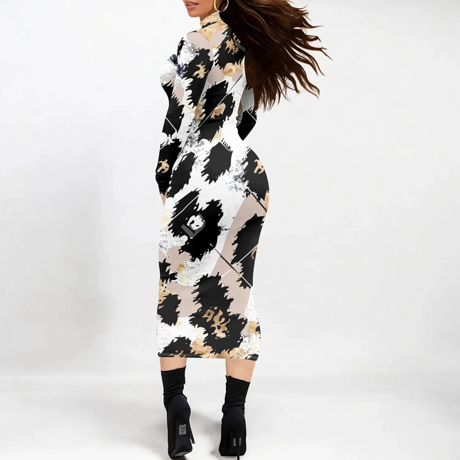 Trendy Elegant Curvy Women's Casual Wrap Dress Long Sleeve Bodycon Sexy Turtleneck Midi Cocktail Party Pencil Dresses