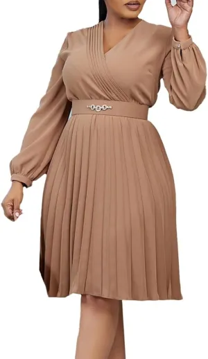 Useagrey Women's Pleated Swing Dress Long Sleeve V Neck High Waist Wrap Midi Dress Party Cocktail Dresses