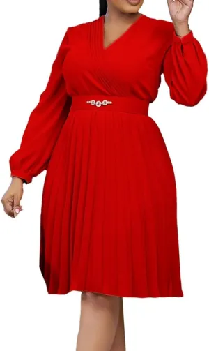Useagrey Women's Pleated Swing Dress Long Sleeve V Neck High Waist Wrap Midi Dress Party Cocktail Dresses