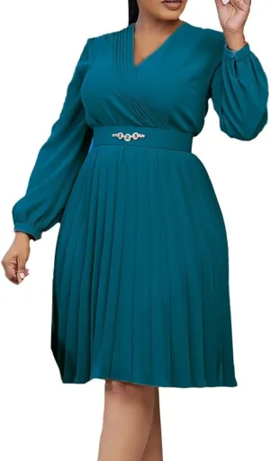 Useagrey Women's Pleated Swing Dress Long Sleeve V Neck High Waist Wrap Midi Dress Party Cocktail Dresses