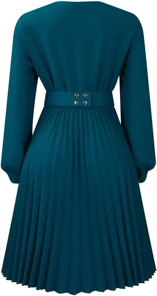 Useagrey Women's Pleated Swing Dress Long Sleeve V Neck High Waist Wrap Midi Dress Party Cocktail Dresses
