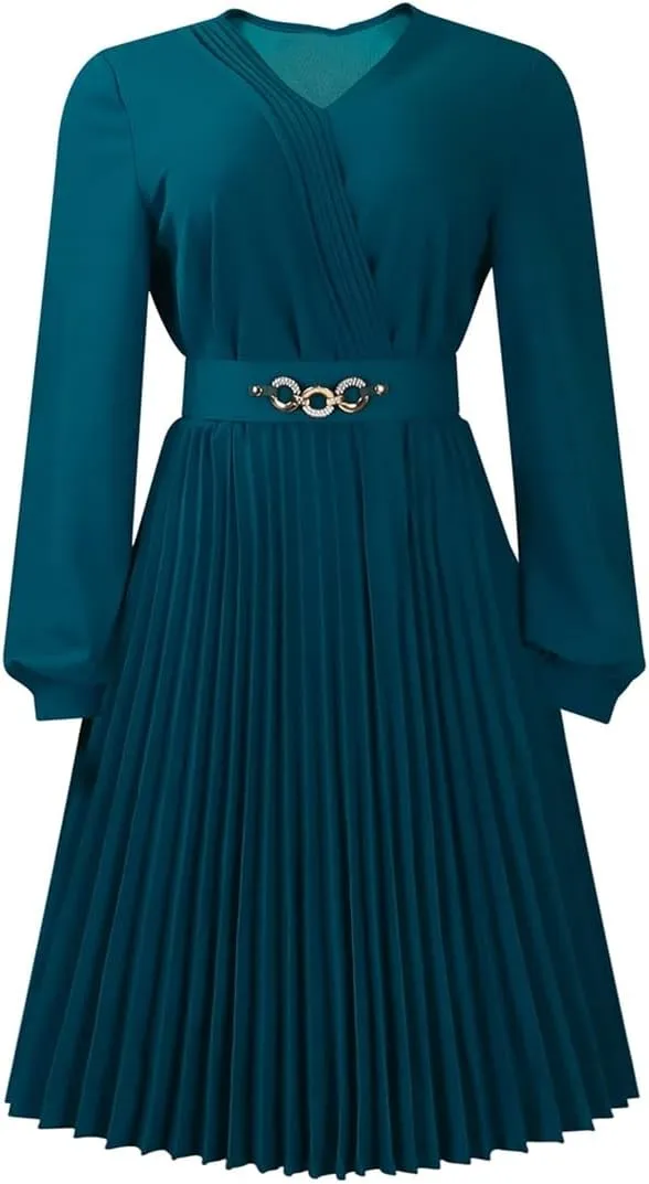 Useagrey Women's Pleated Swing Dress Long Sleeve V Neck High Waist Wrap Midi Dress Party Cocktail Dresses