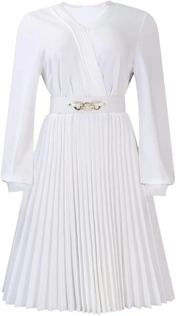 Useagrey Women's Pleated Swing Dress Long Sleeve V Neck High Waist Wrap Midi Dress Party Cocktail Dresses