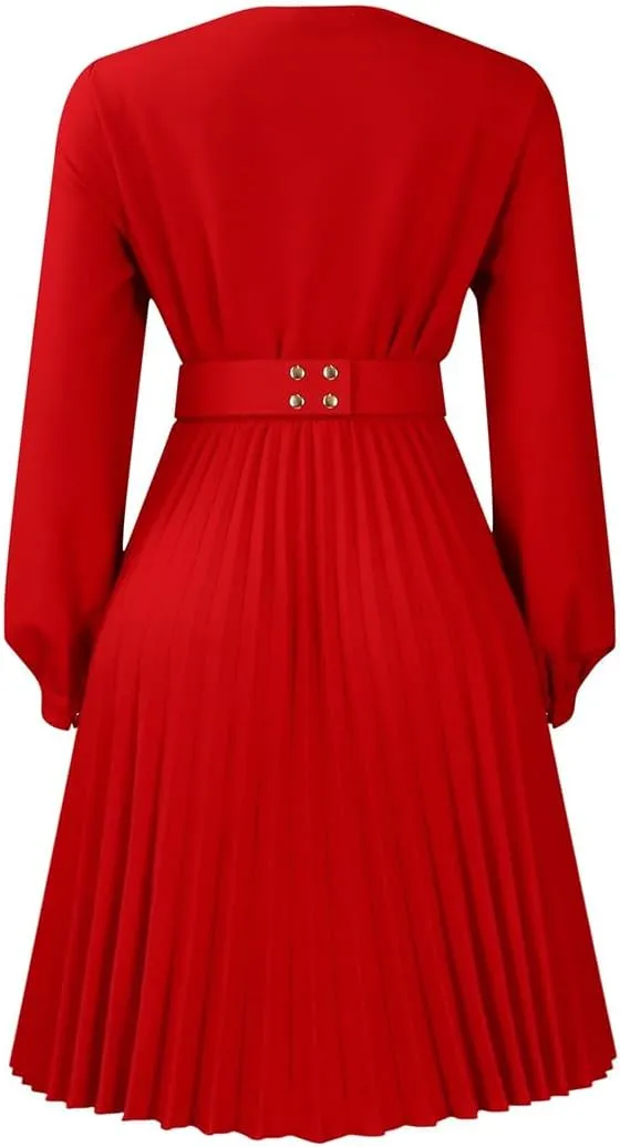 Useagrey Women's Pleated Swing Dress Long Sleeve V Neck High Waist Wrap Midi Dress Party Cocktail Dresses