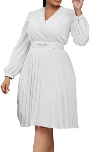 Useagrey Women's Pleated Swing Dress Long Sleeve V Neck High Waist Wrap Midi Dress Party Cocktail Dresses