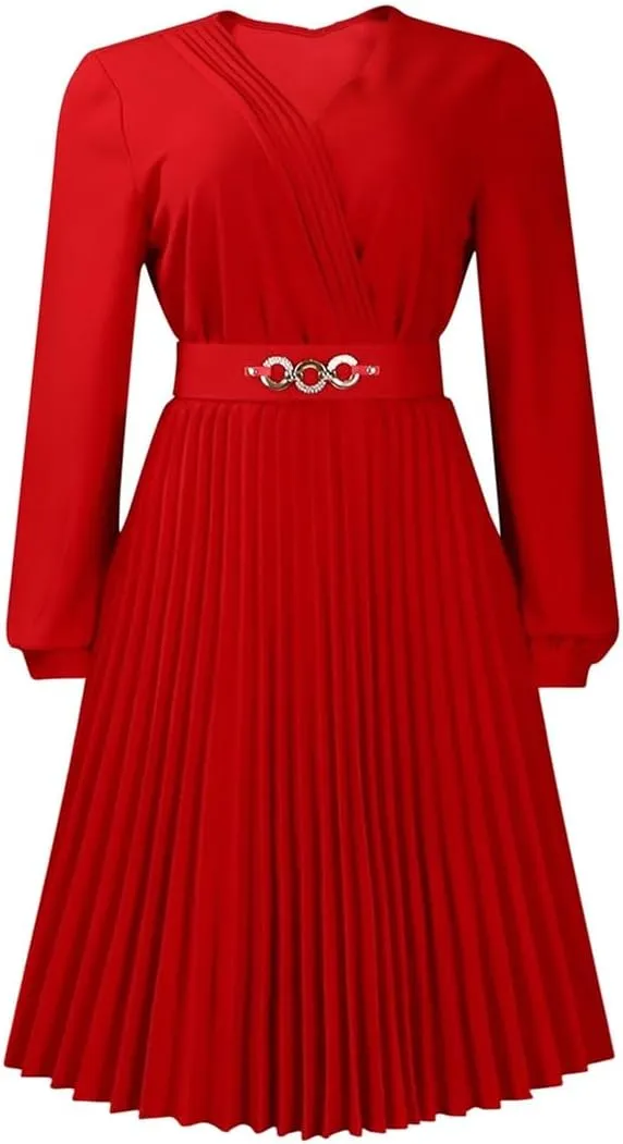 Useagrey Women's Pleated Swing Dress Long Sleeve V Neck High Waist Wrap Midi Dress Party Cocktail Dresses