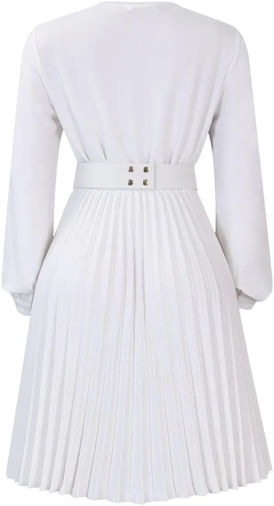 Useagrey Women's Pleated Swing Dress Long Sleeve V Neck High Waist Wrap Midi Dress Party Cocktail Dresses