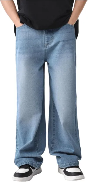 Verdusa Boy's Loose Straight Leg Jeans Casual Denim Pants Long Trousers Blue 10Y