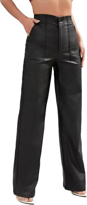 WDIRARA Women's High Waist Pu Leather Straight Leg Jeans Button Pocket Front Trousers