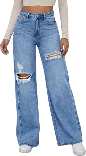 WDIRARA Women's High Waisted Ripped Straight Leg Jeans Cut Out Button Denim Pants