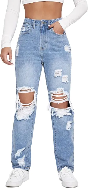 WDIRARA Women's High Waisted Ripped Straight Leg Jeans Cut Out Button Denim Pants