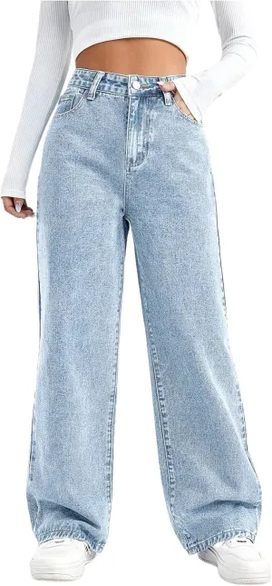 WDIRARA Women's High Waisted Ripped Straight Leg Jeans Cut Out Button Denim Pants