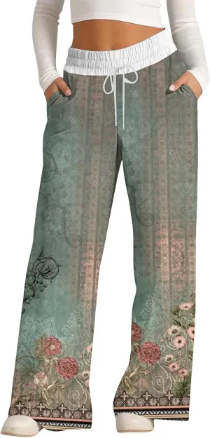 Wide Leg Baggy Pants Fashion Lacing Solid Color Waist Waist Wide Leg Casual Pants Fleece Joggers Womens Wide Leg